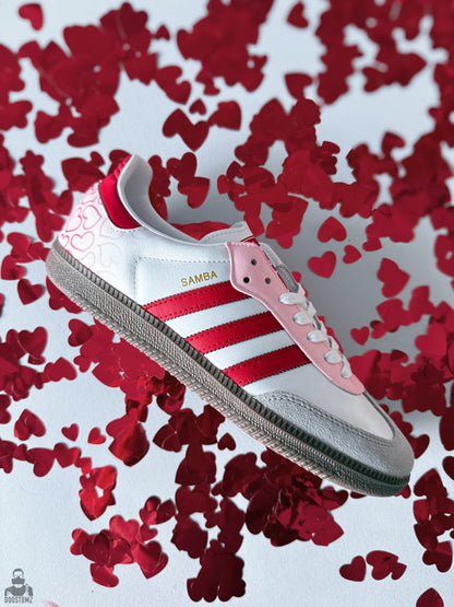 Adidas Samba Love Custom sneakers featuring hand-painted hearts on the heel and red stripes