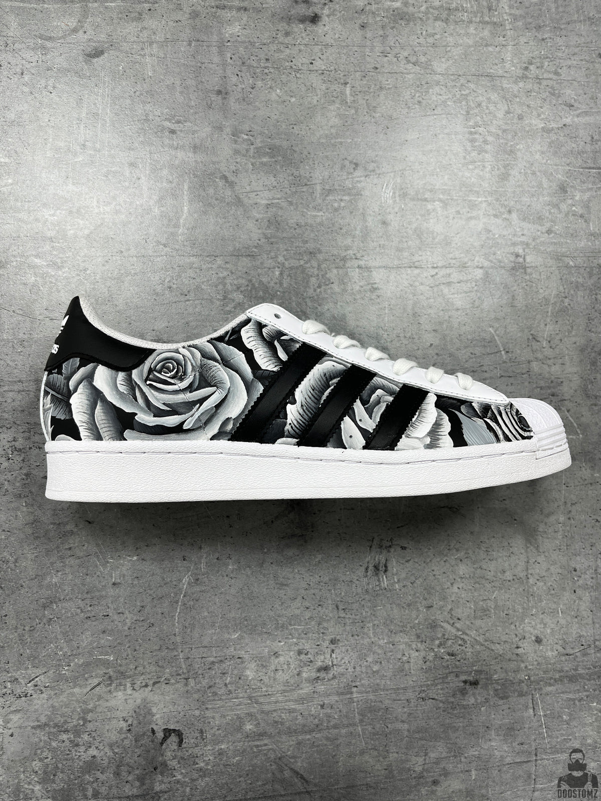 Adidas Superstar Black & White Roses Custom sneakers with hand-painted black and white rose artwork