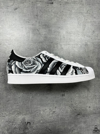 Adidas Superstar Black & White Roses Custom sneakers with hand-painted black and white rose artwork