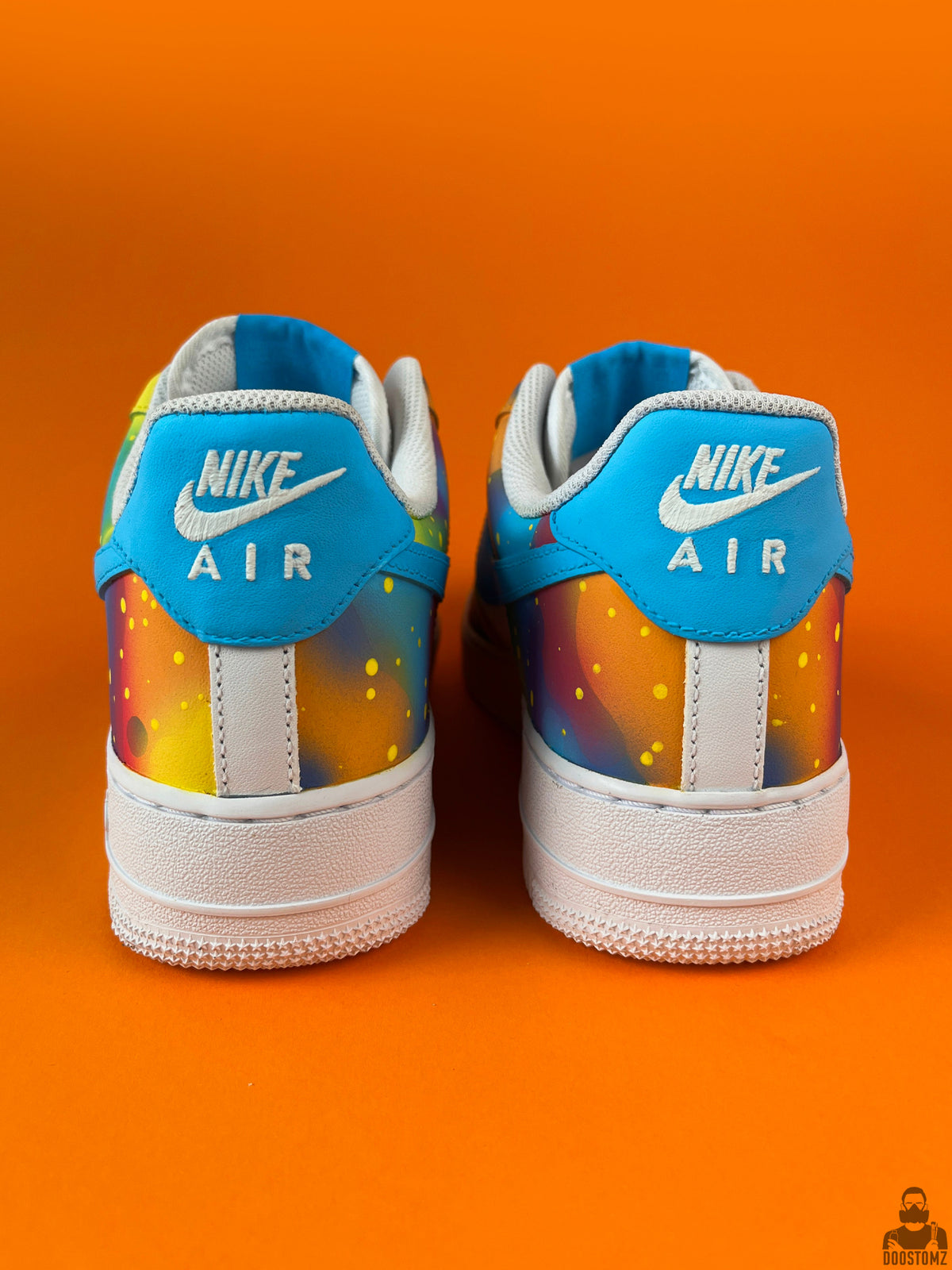 Nike Air Force 1 Color Splash Custom sneakers viewed from the back with colorful hand-painted design