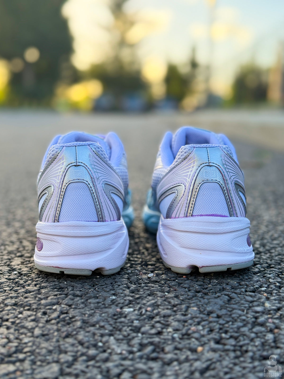 New Balance 740 Gradient Dye Custom sneakers, rear view showing lavender and blue dyed details
