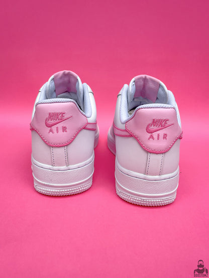 Custom Nike Air Force 1 Hello Kitty sneakers showing the rear design with pink and white hand-painted details
