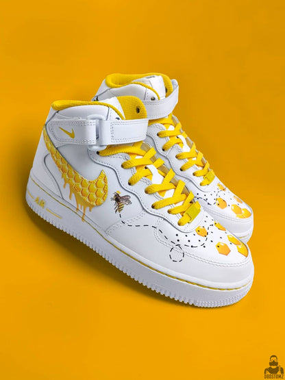 Nike Air Force 1 Honeycomb Custom sneakers with hand-painted yellow honeycomb and bee design