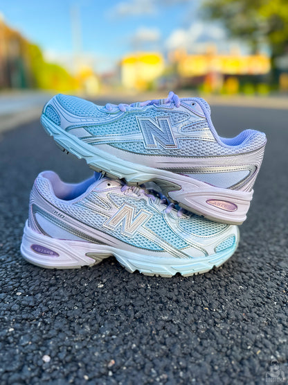 New Balance 740 Gradient Dye Custom sneakers in blue and lavender, custom dyed by Doostomz