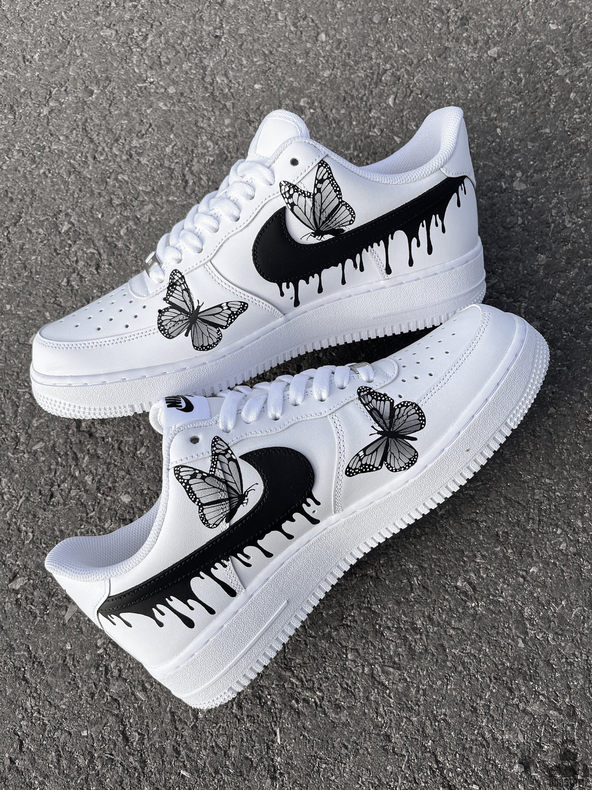 Nike Air Force 1 Drips N' Butterflies Black Custom sneakers with black drips and butterfly artwork