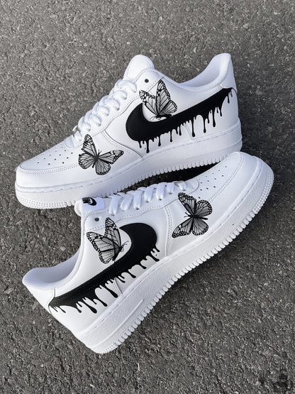 Nike Air Force 1 Drips N' Butterflies Black Custom sneakers with black drips and butterfly artwork