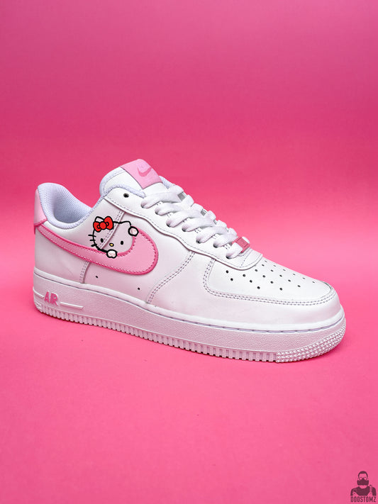 Nike Air Force 1 Hello Kitty Custom sneakers with hand-painted pink artwork on a white Nike Air Force 1