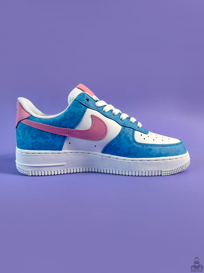 Lilo & Stitch custom Nike Air Force 1 with blue floral pattern and pink Swoosh