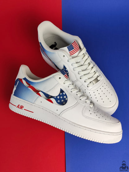 Custom Nike Air Force 1 Sneakers with American flag stars and stripes design