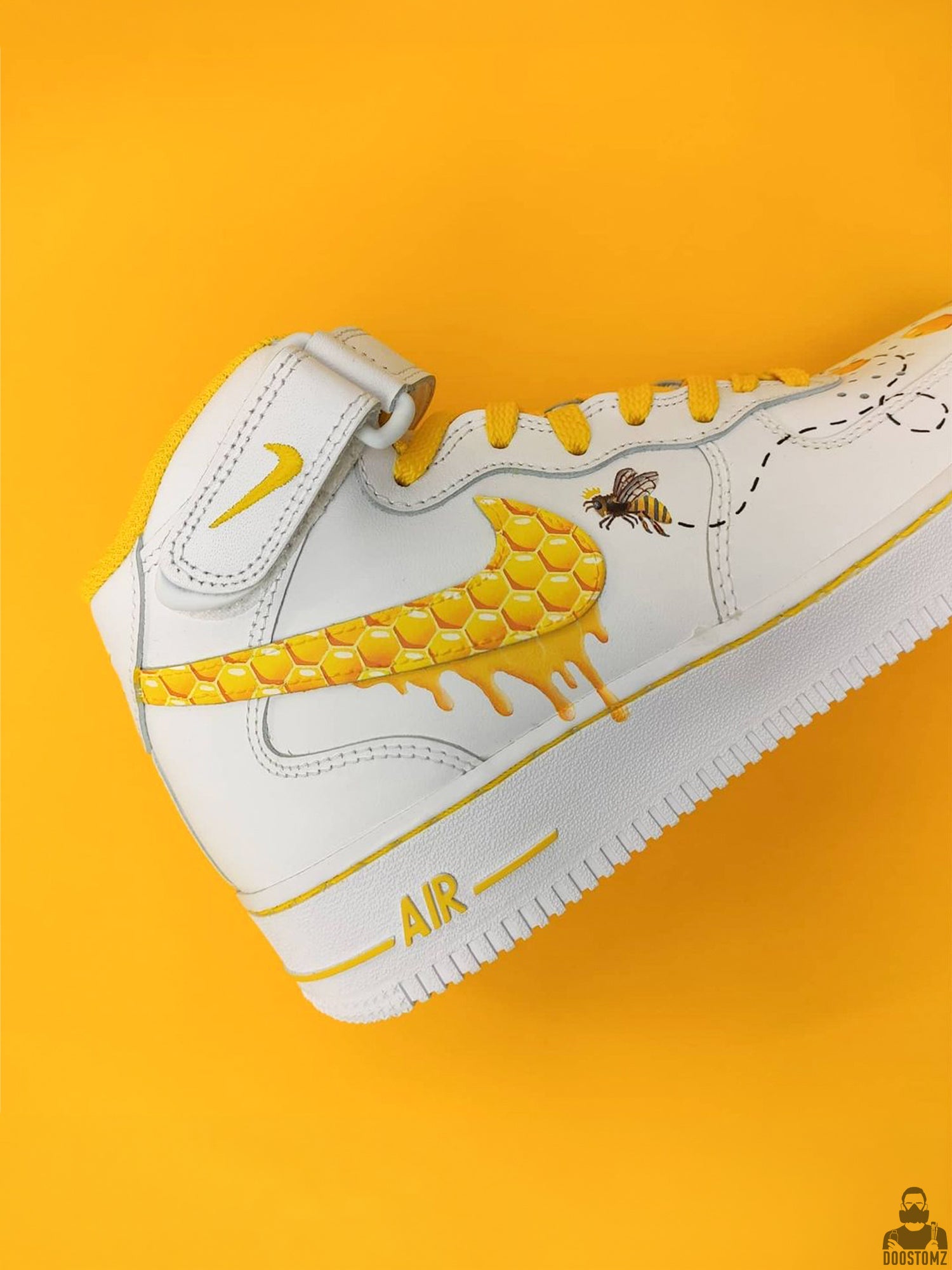 Nike Air Force 1 Honeycomb Custom sneakers in white and yellow with hand-painted honeycomb artwork and bee details