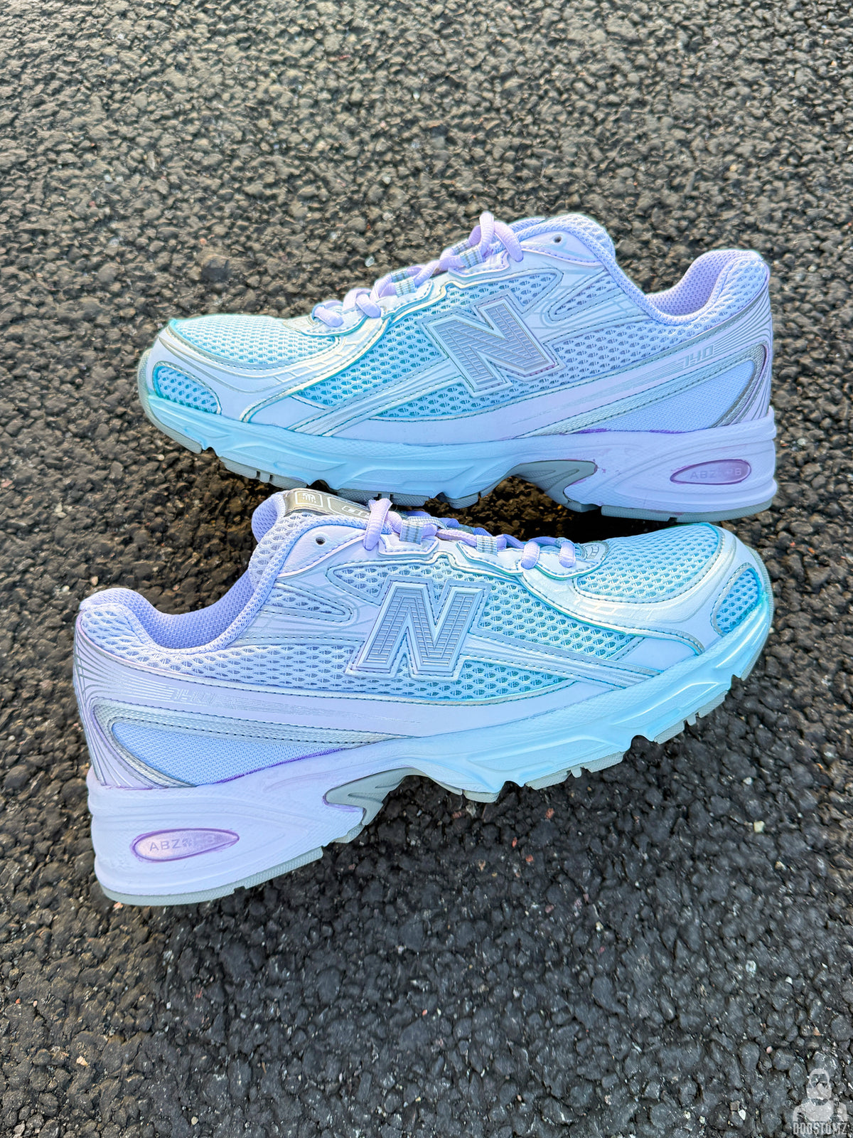 New Balance 740 Gradient Dye Custom sneakers showing blue and lavender gradient and detailed upper