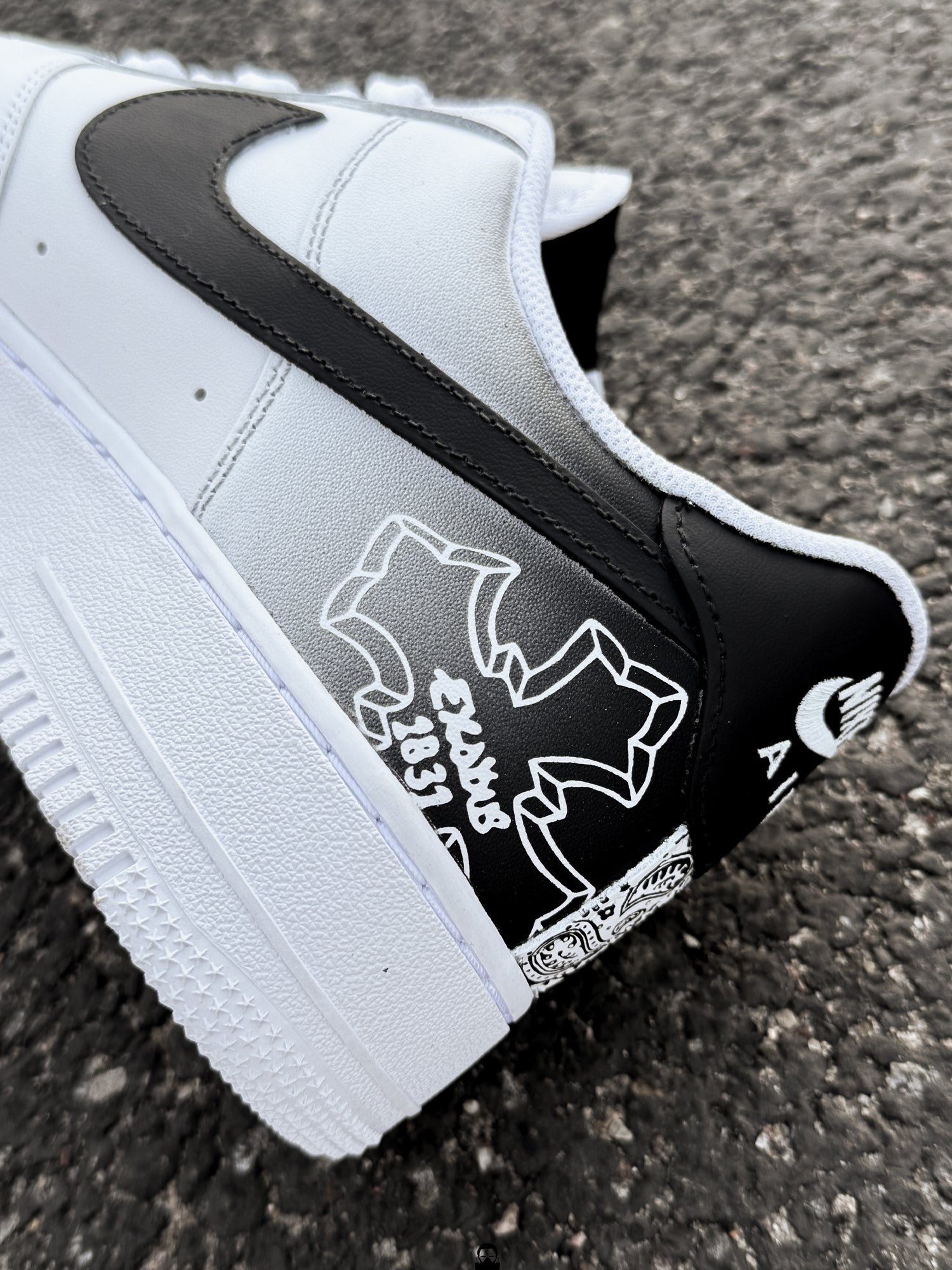 Custom Nike Air Force 1 2Pac Sneakers heel design with black panels, white hand painted bat graphic and streetwear inspired artwork Exodus 1831
