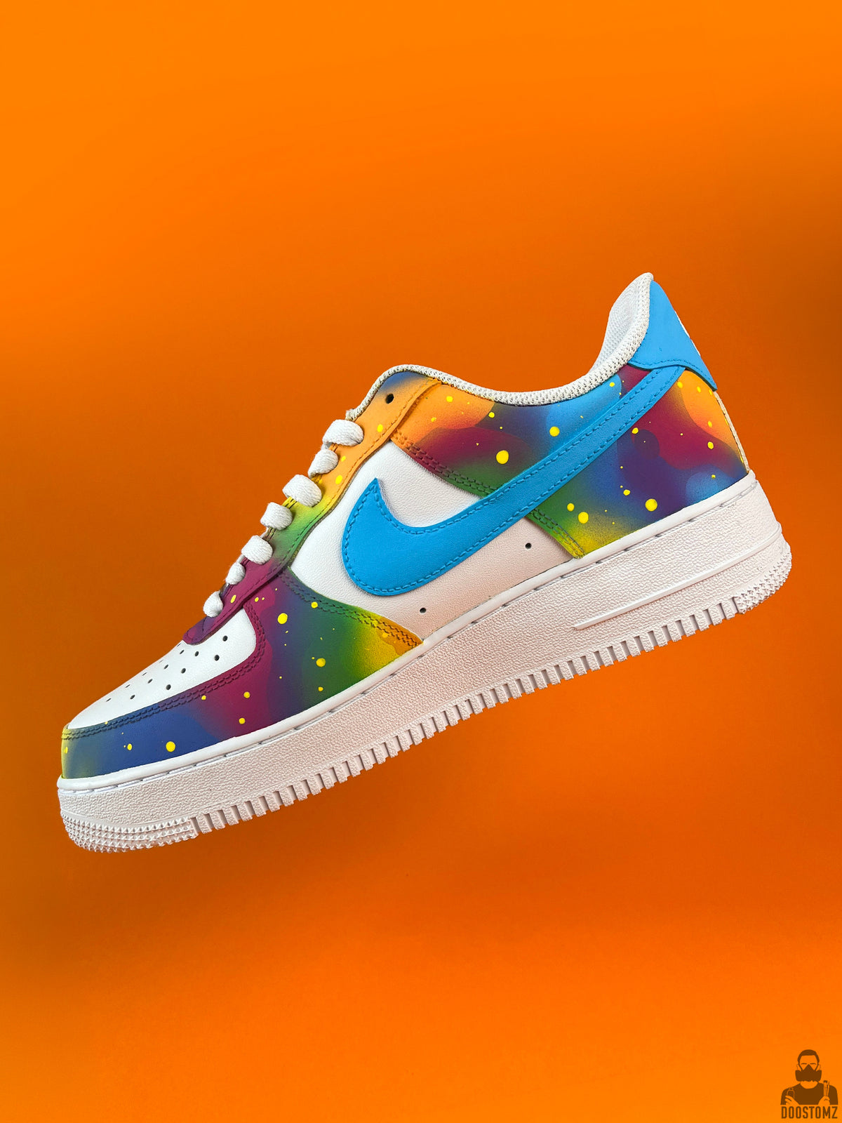 Nike Air Force 1 Color Splash Custom with colorful gradient artwork and blue Swoosh