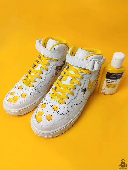Hand-painted Nike Air Force 1 Honeycomb Custom sneakers featuring honeycomb details, bees and yellow accents