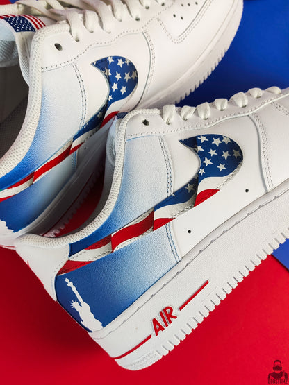 Nike Air Force 1 custom sneakers featuring red white and blue American flag details