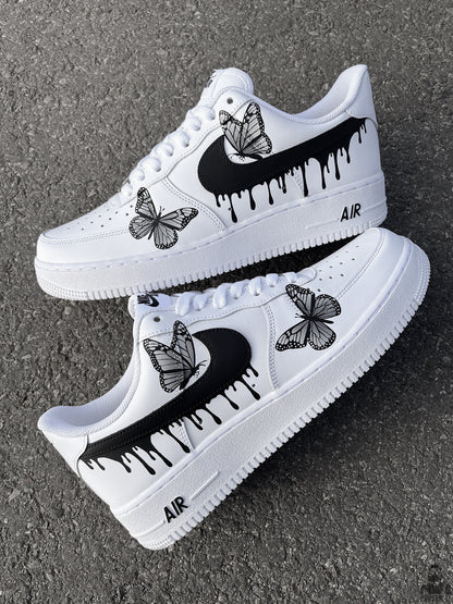 Nike Air Force 1 Drips N' Butterflies Black Custom Sneakers pair with hand-painted butterfly details