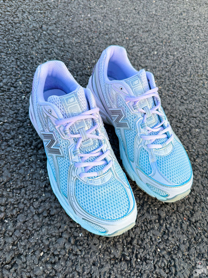 New Balance 740 Gradient Dye Custom sneakers in soft blue and lavender, top view