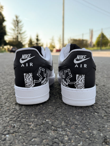 Nike Air Force 1 custom sneakers with black and white Tupac portrait artwork, hand painted swoosh area and personalized heel design