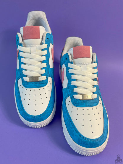 Lilo & Stitch custom Air Force 1 sneakers top view with blue and pink design