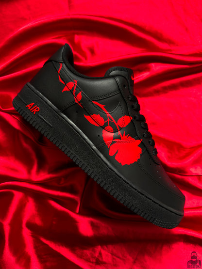 Hand-painted black Nike Air Force 1 with a red rose and botanical design