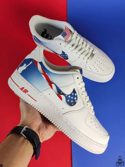 Nike Air Force 1 patriotic custom shoes with American flag colors and Statue of Liberty