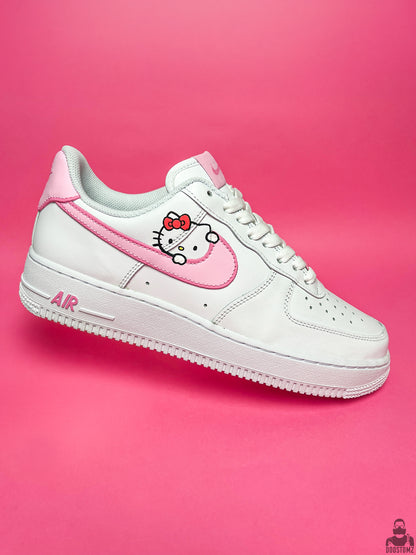 Side view of hand-painted Nike Air Force 1 Hello Kitty Custom sneakers with pink accents and character artwork
