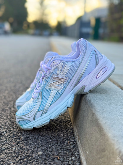 New Balance 740 Gradient Dye Custom sneaker displayed outdoors, blue and lavender custom design