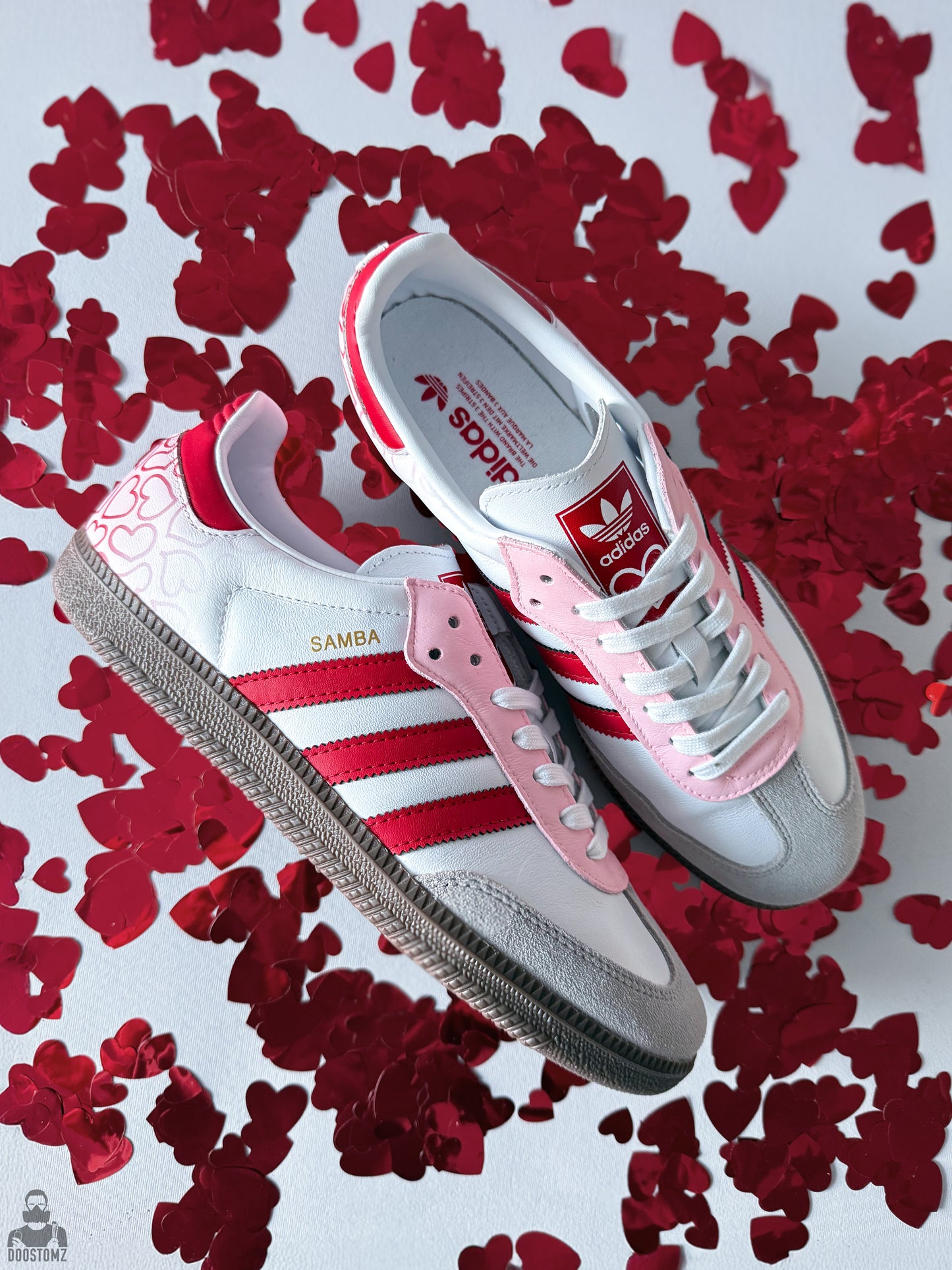 Hand-painted Adidas Samba Love Custom sneakers with pink and red heart details