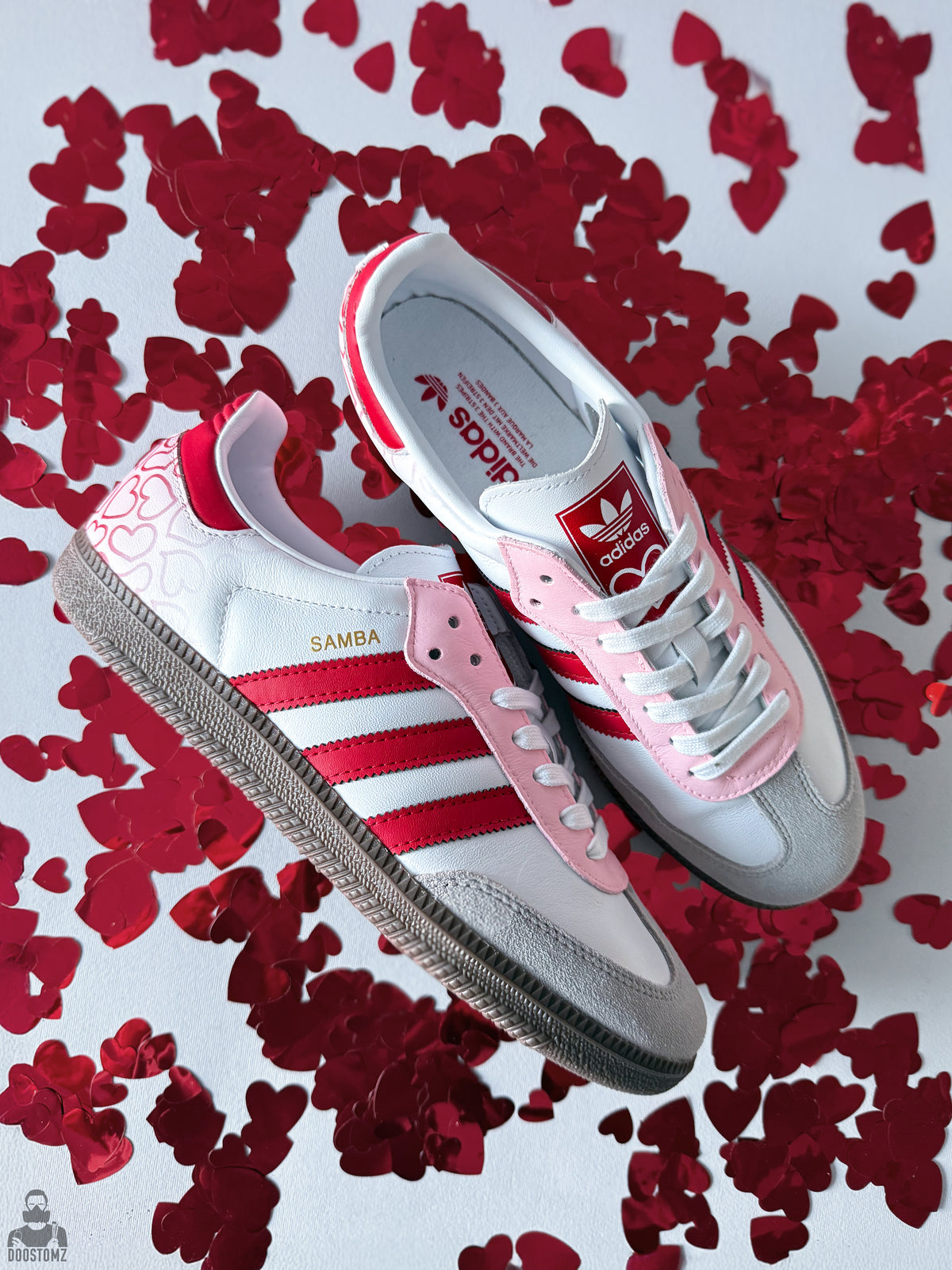 Hand-painted Adidas Samba Love Custom sneakers with pink and red heart details