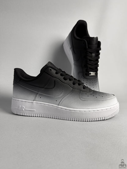 Hand-painted Nike Air Force 1 custom sneakers with black to white ombre gradient