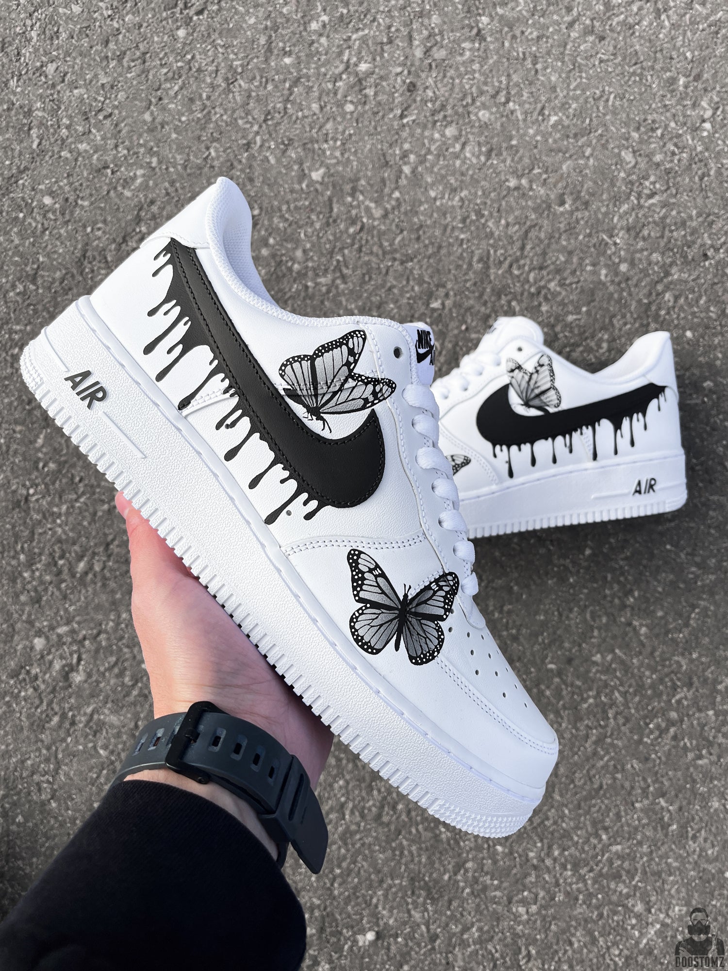 Hand-painted Nike Air Force 1 Drips N' Butterflies Black Custom sneaker