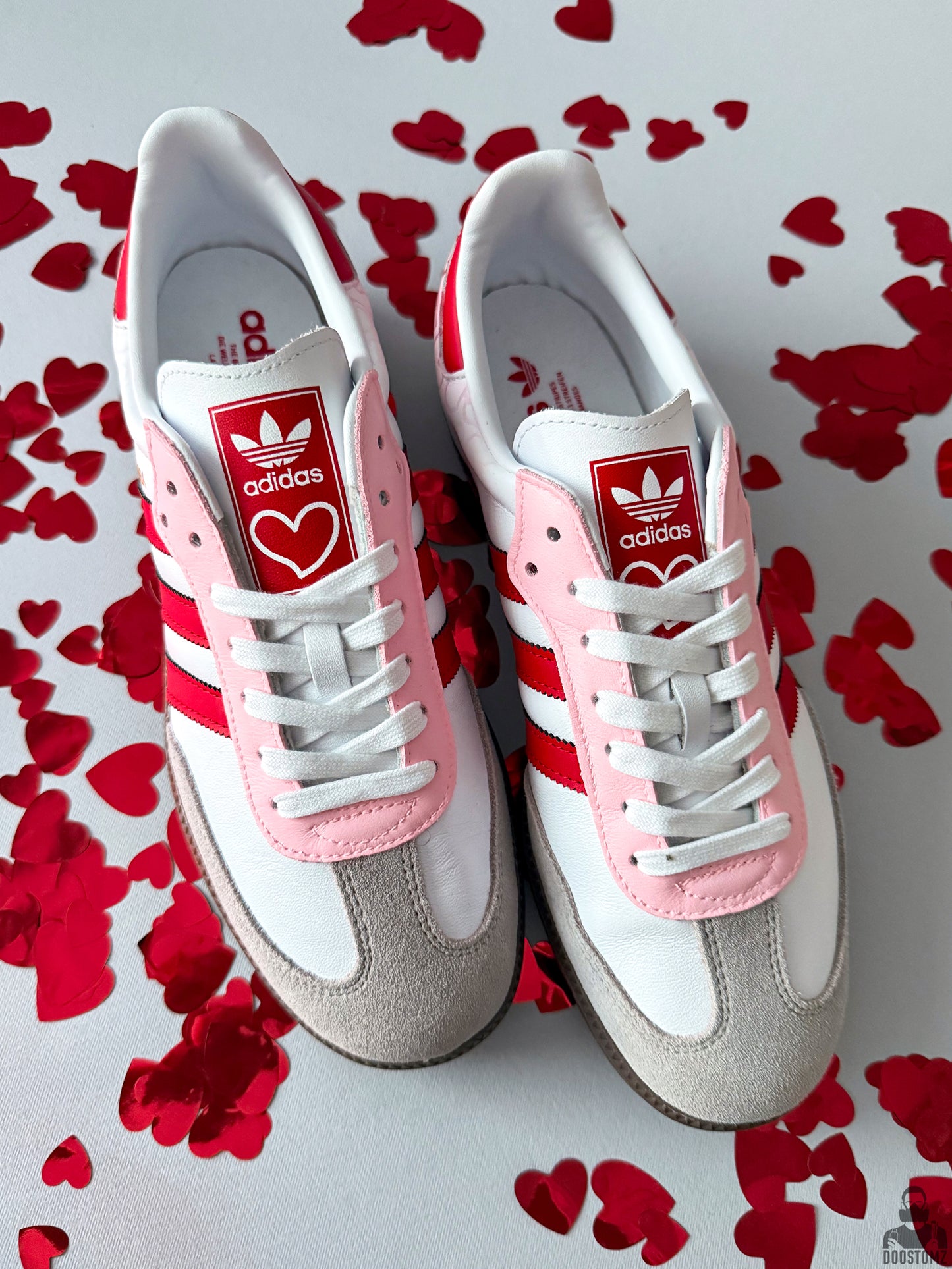 Back view of Adidas Samba Love Custom sneakers with hand-painted heart pattern