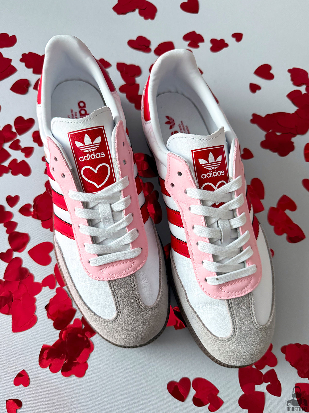 Back view of Adidas Samba Love Custom sneakers with hand-painted heart pattern