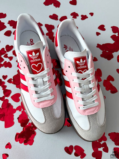 Back view of Adidas Samba Love Custom sneakers with hand-painted heart pattern