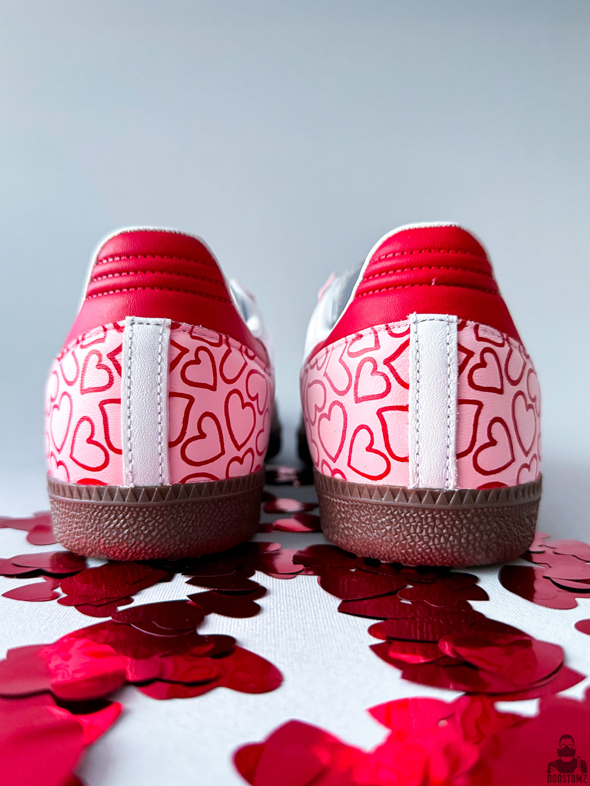 Adidas Samba Love Custom sneakers photographed together with red heart confetti